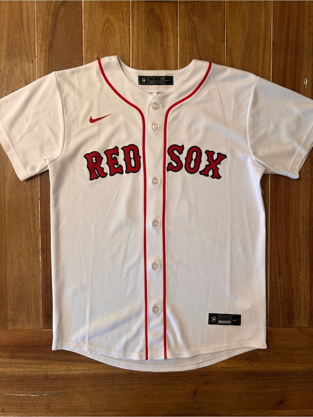 Nike Kids White & Red Boston Red Sox DEVERS Jersey. Youth large.